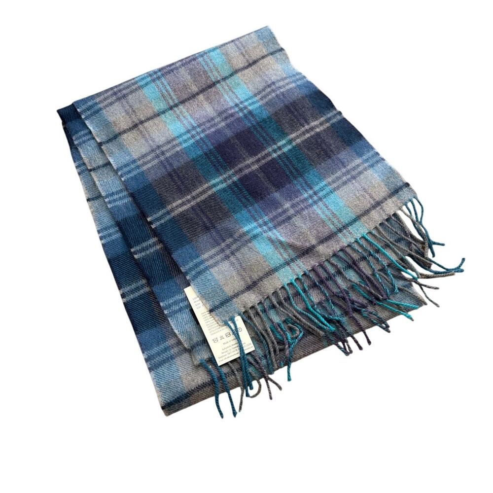 John Hanly Ireland Merino Wool Plaid Tartan Scarf Blue Grey Fringe Winter New